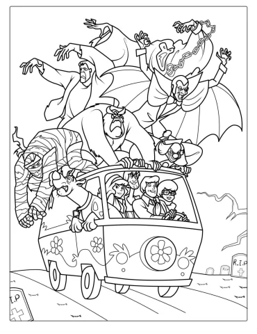 Ghosts Chasing Scooby-Doo And Gang Coloring Sheet