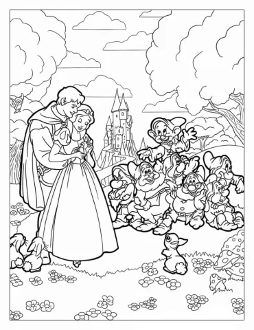 Snow White, The Prince, And Seven Dwarfs To Color