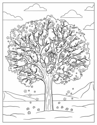 Spring Tree With Blossoming Flowers To Color