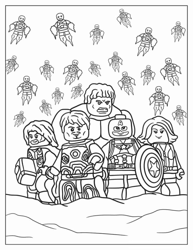 Lego Iron Man, Thor, Hulk, Black Widow, Captain America Coloring Sheet