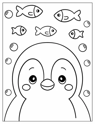 Adorable Penguin Staring Up at Swimming Fish Coloring Sheet for Preschoolers
