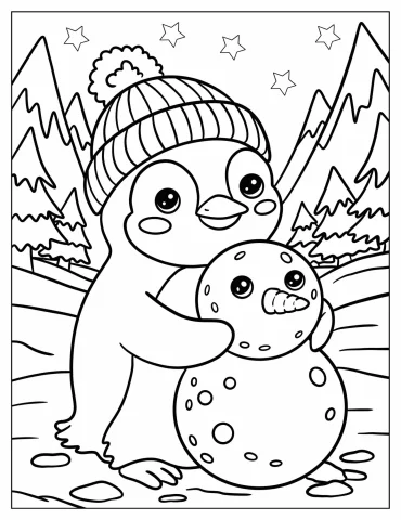 Penguin Hugging a Snowman Coloring Page for Kids