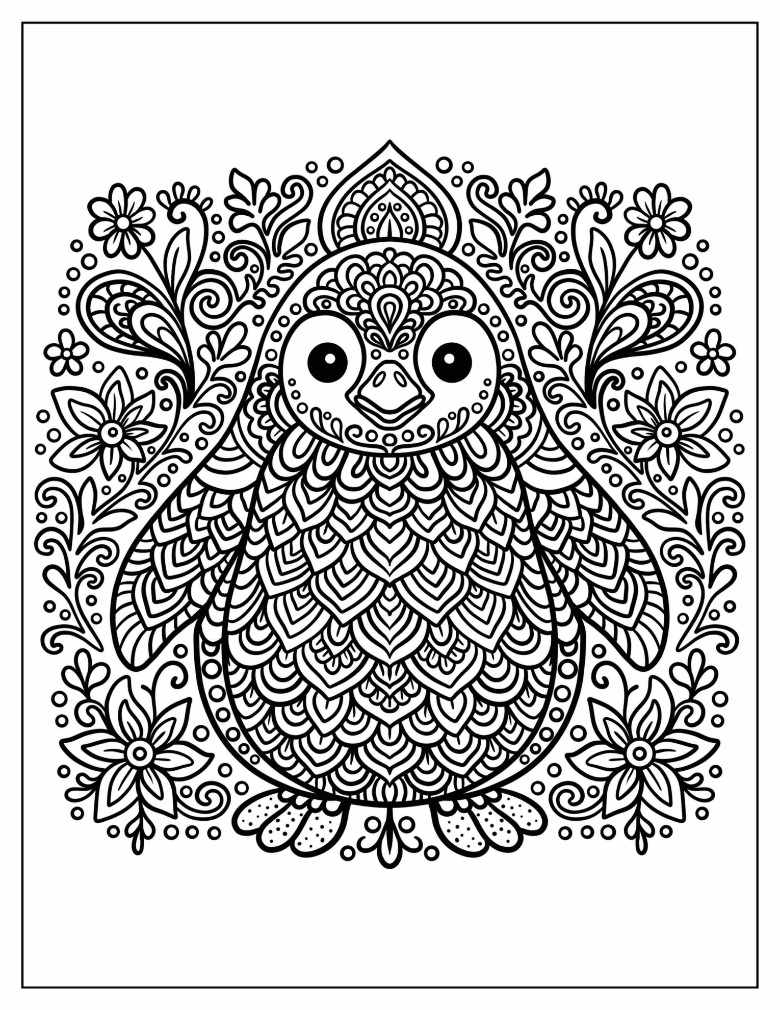 Intricate Baby Penguin Mandala with Leaves and Flowers