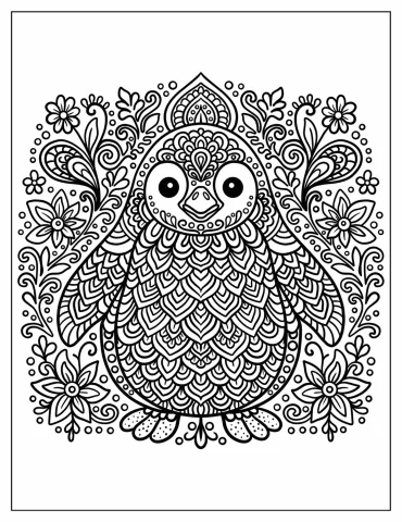 Intricate Baby Penguin Mandala with Leaves and Flowers