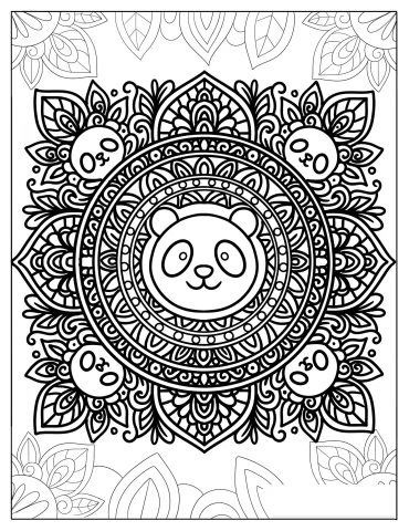 Floral Mandala with Panda Faces and Leaf Border Design Coloring Page For Adults