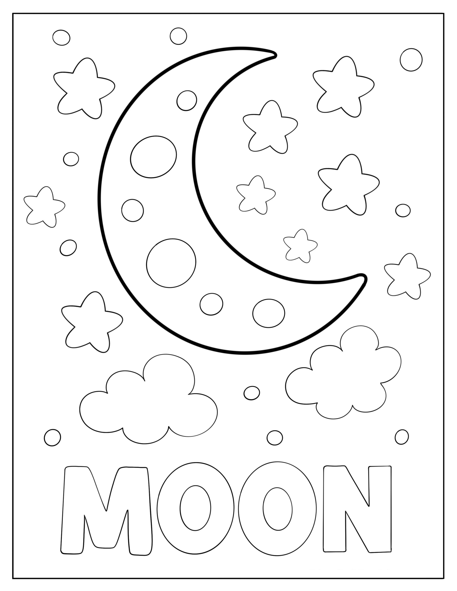 Moon Text Below Cute Crescent Moon with Small Stars and Clouds Coloring Sheet for Preschoolers.pdf