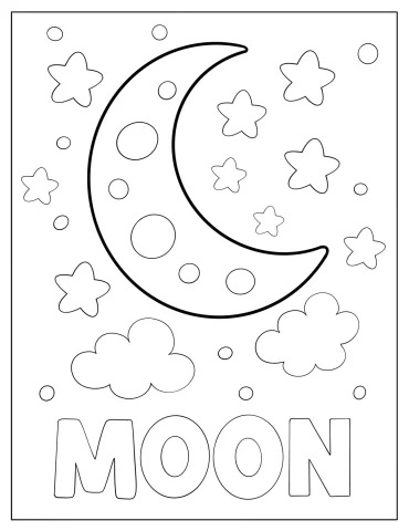 Moon Text Below Cute Crescent Moon with Small Stars and Clouds Coloring Sheet for Preschoolers.pdf