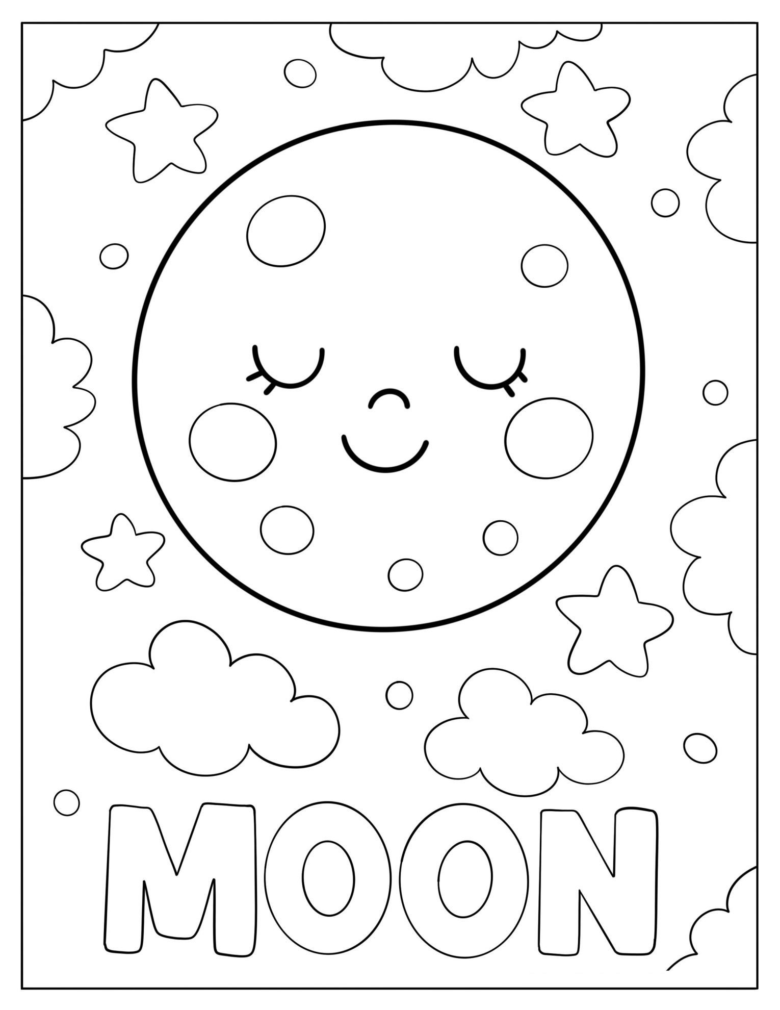 Peaceful Moon with Craters in the Night Sky Coloring Sheet for Preschoolers