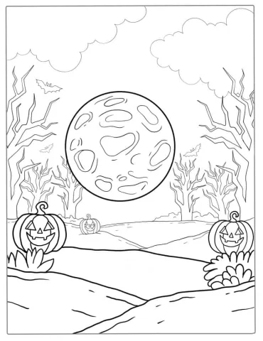 Full Moon In Spooky Forest For Halloween To Color