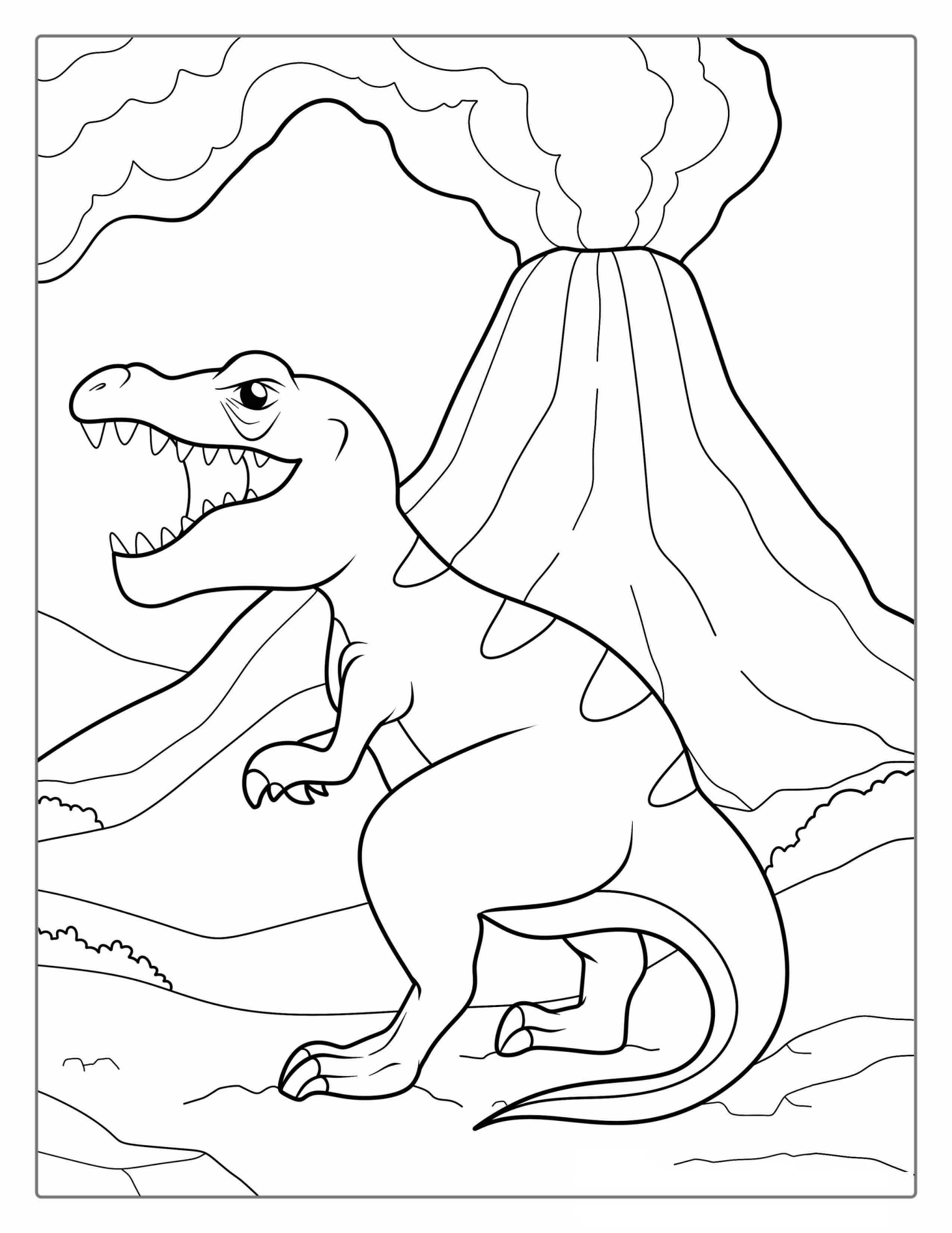 Volcano Eruption With Dinosaur To Color