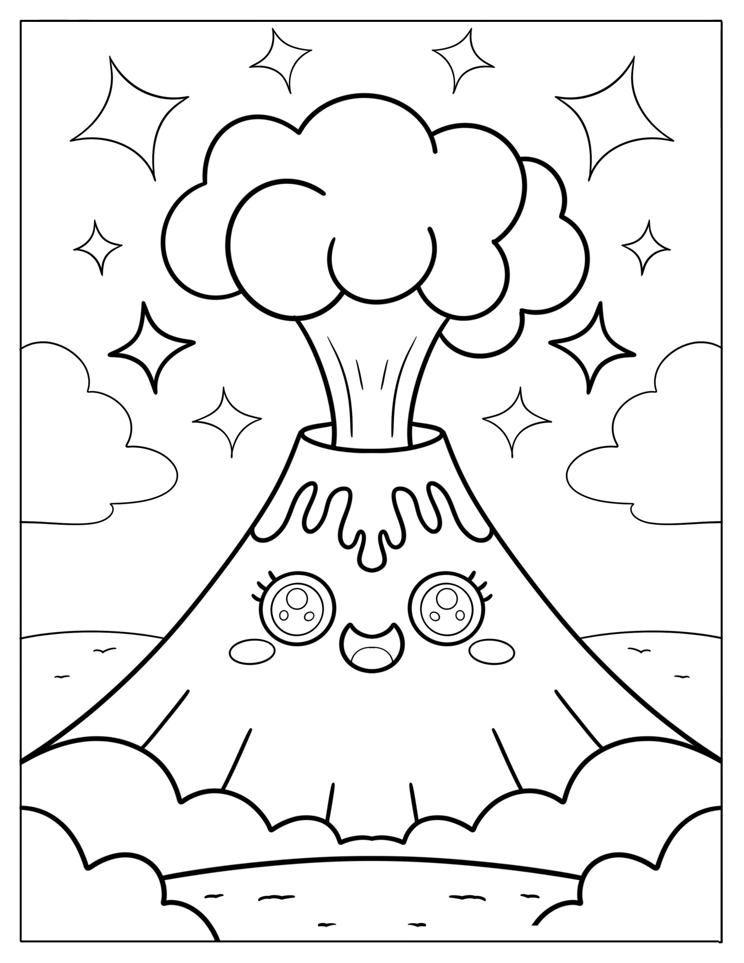 Happy Volcano Blasting Smoke Surrounded by Stars Coloring Page For Preschoolers