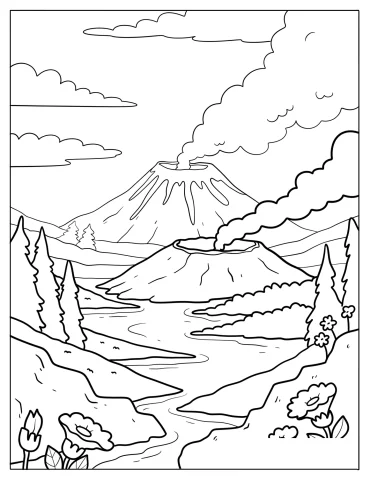 Two Steaming Volcanoes in Mountain Valley With Flowing Water