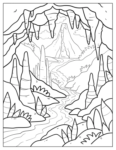 Volcano Seen Through Cave With Stalagmites and River Path Coloring Page for Adults