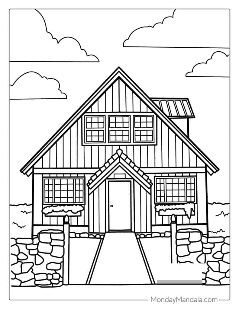 Wooden Cute House Coloring For Adults
