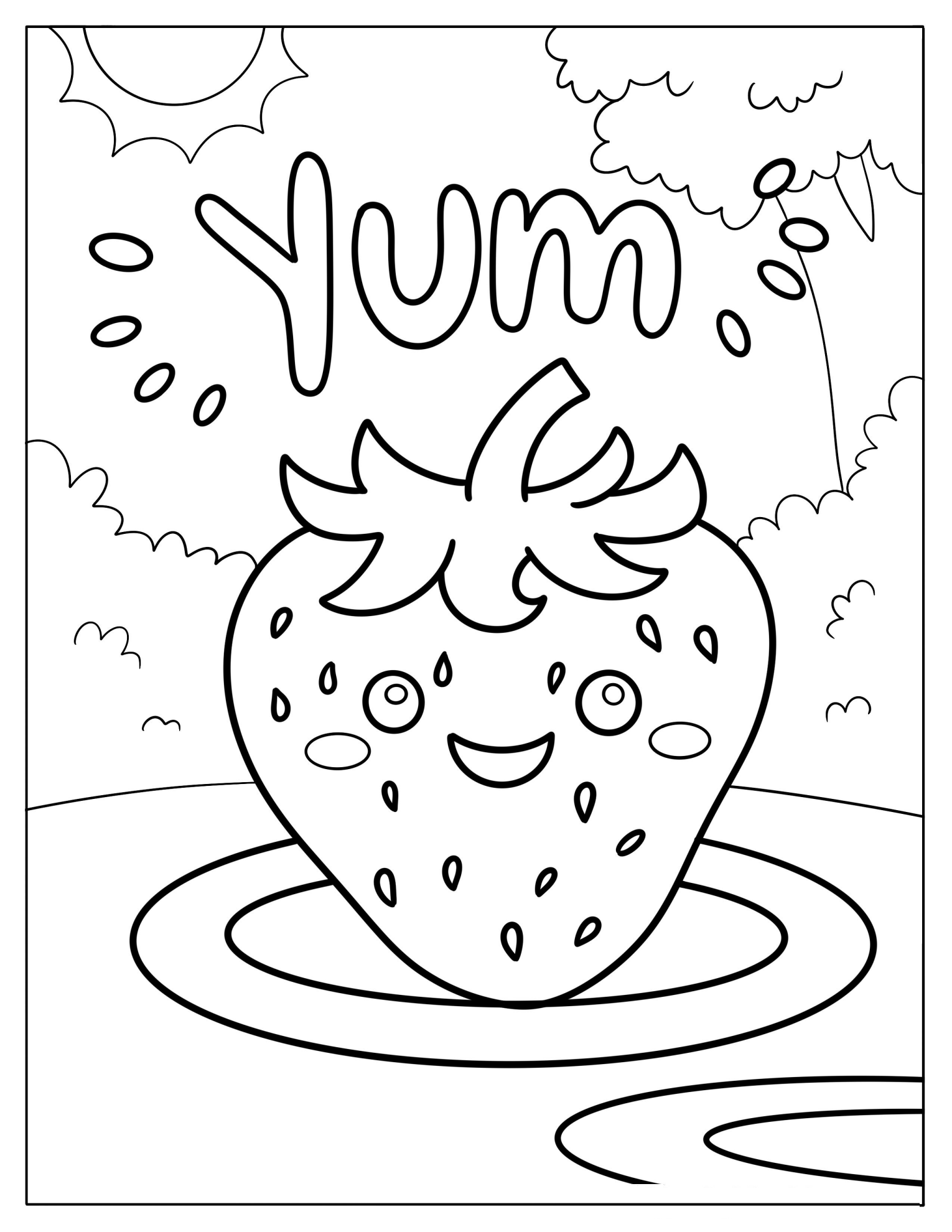 Smiling Cartoon Strawberry Coloring Sheet