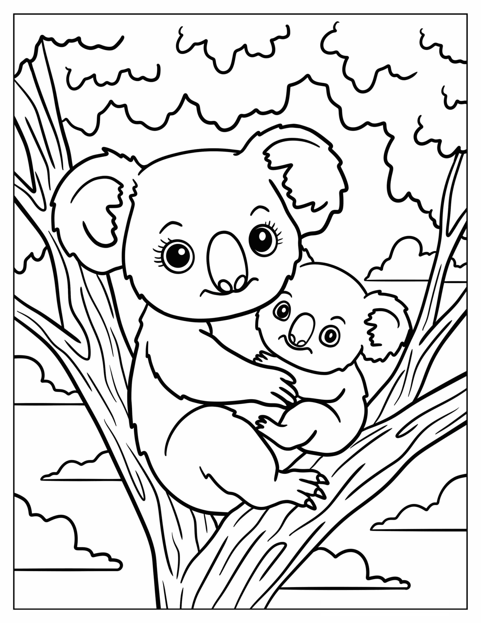 Mother Koala Hugging Baby on a Tree Coloring Sheet for Kids