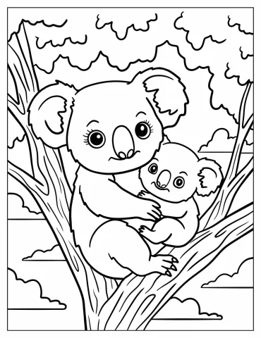Mother Koala Hugging Baby on a Tree Coloring Sheet for Kids