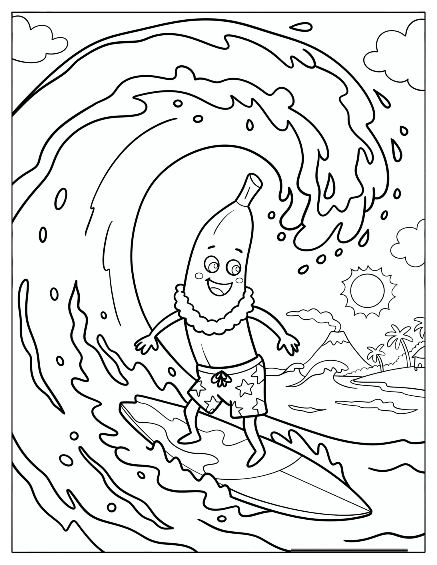 Cartoon Banana Surfing Coloring Sheet