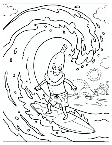 Cartoon Banana Surfing Coloring Sheet