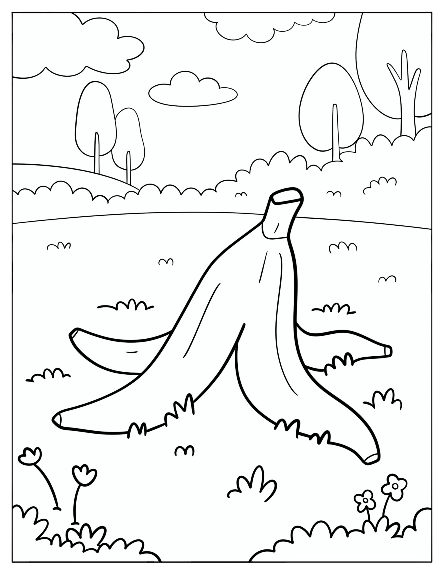 Banana Peel on the Grass Coloring Page for Kids