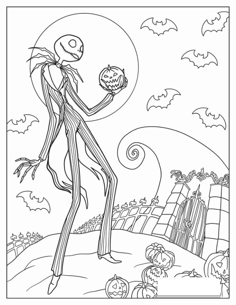 Jack Skellington Holding Jack-O-Lantern Halloween Coloring In