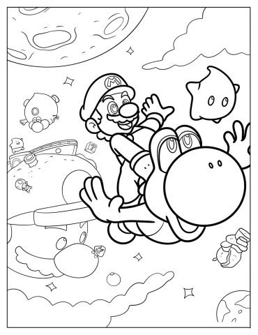 Mario Flying With Yoshi In Outer Space Coloring Page