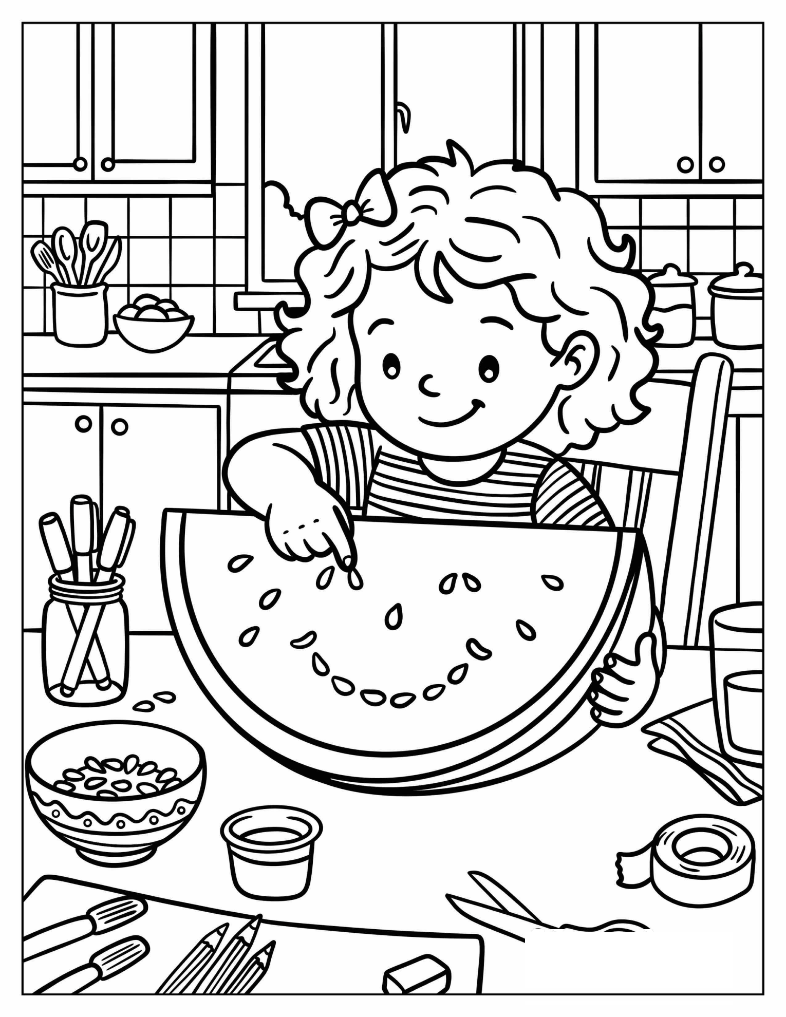Girl Creating a Smiling Face with Watermelon Seeds Coloring Page