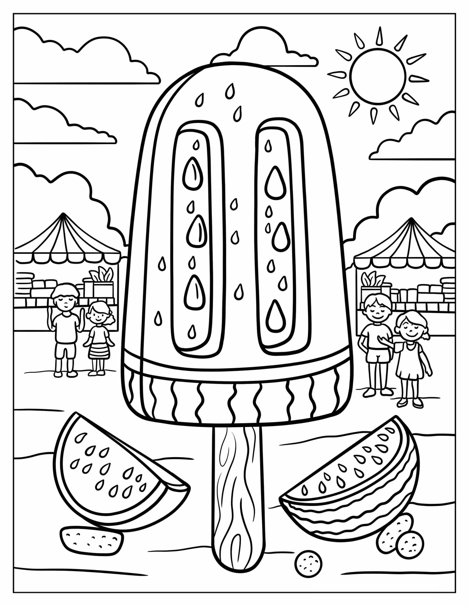Giant Watermelon Popsicle at a Sunny Summer Fair Coloring Page