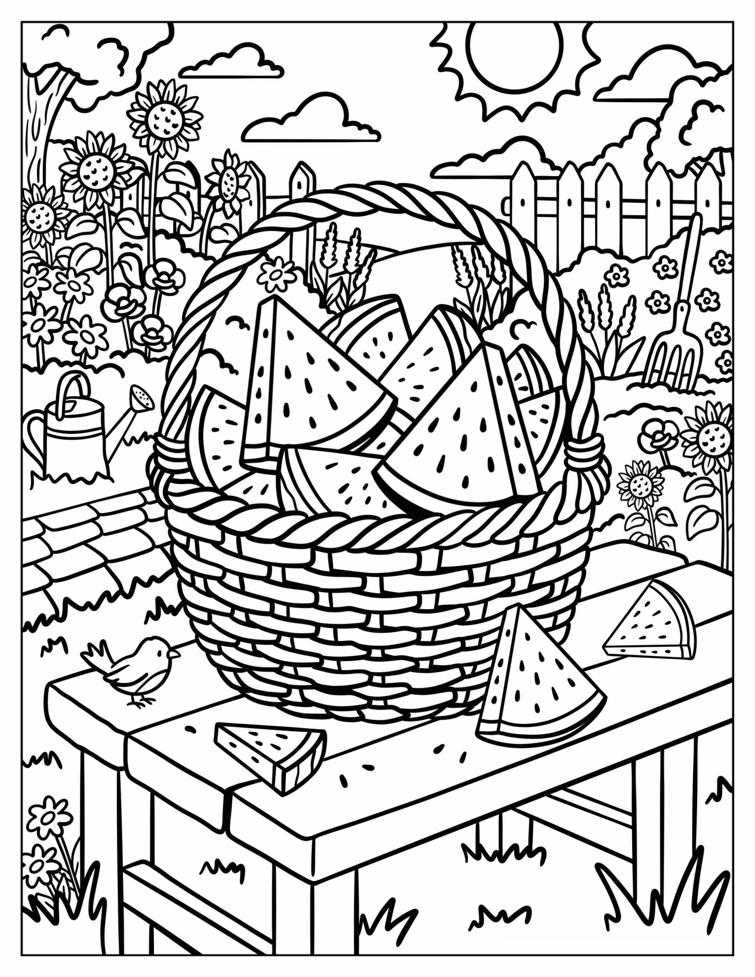 Basket of Watermelon Slices on a Garden Table Coloring Page