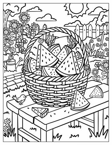 Basket of Watermelon Slices on a Garden Table Coloring Page
