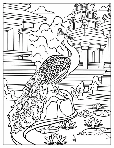 Peacock by Lotus Pond with Temple Background Coloring Page for Adults
