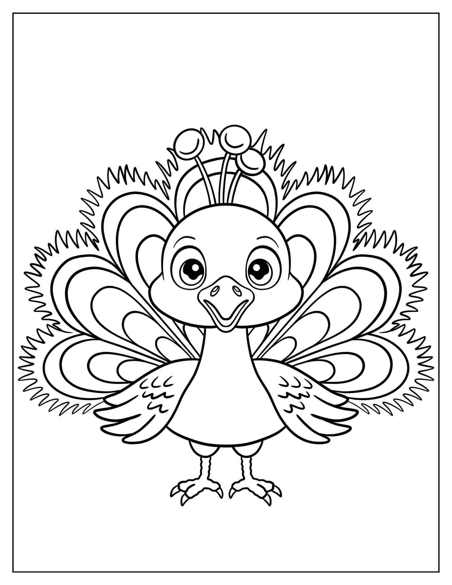 Easy Cartoon Peacock with Big Eyes and Simple Feathers Coloring Page For Kids