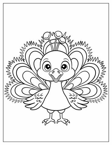 Easy Cartoon Peacock with Big Eyes and Simple Feathers Coloring Page For Kids