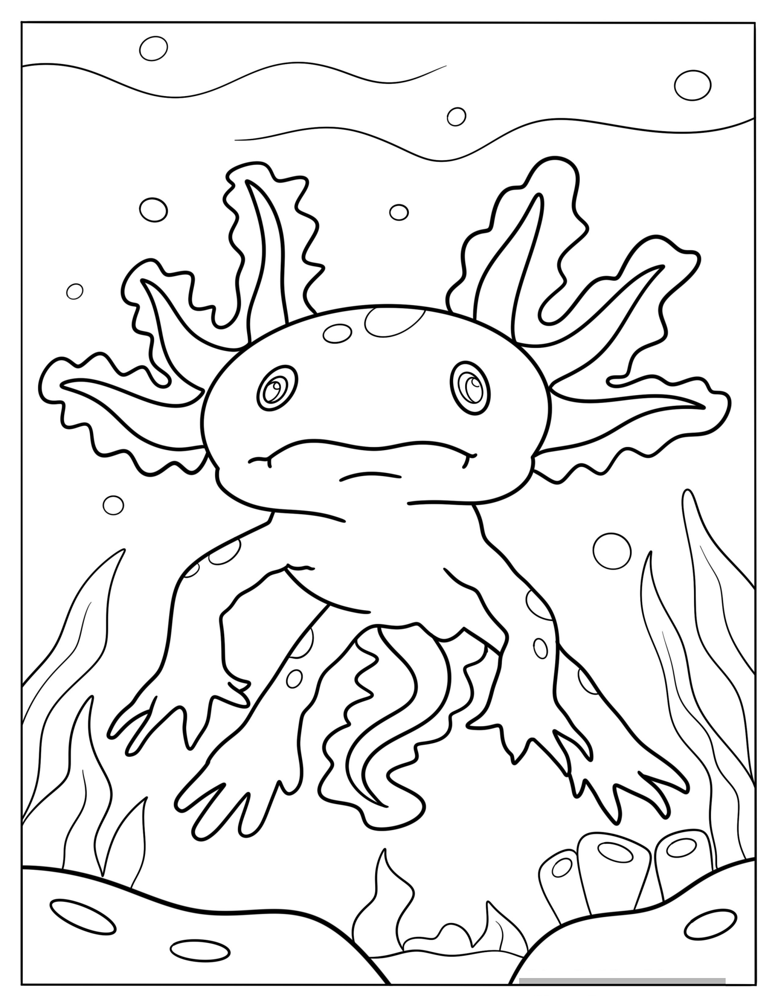 Swimming Axolotl Surrounded By Corals Coloring Page