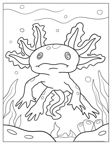 Swimming Axolotl Surrounded By Corals Coloring Page
