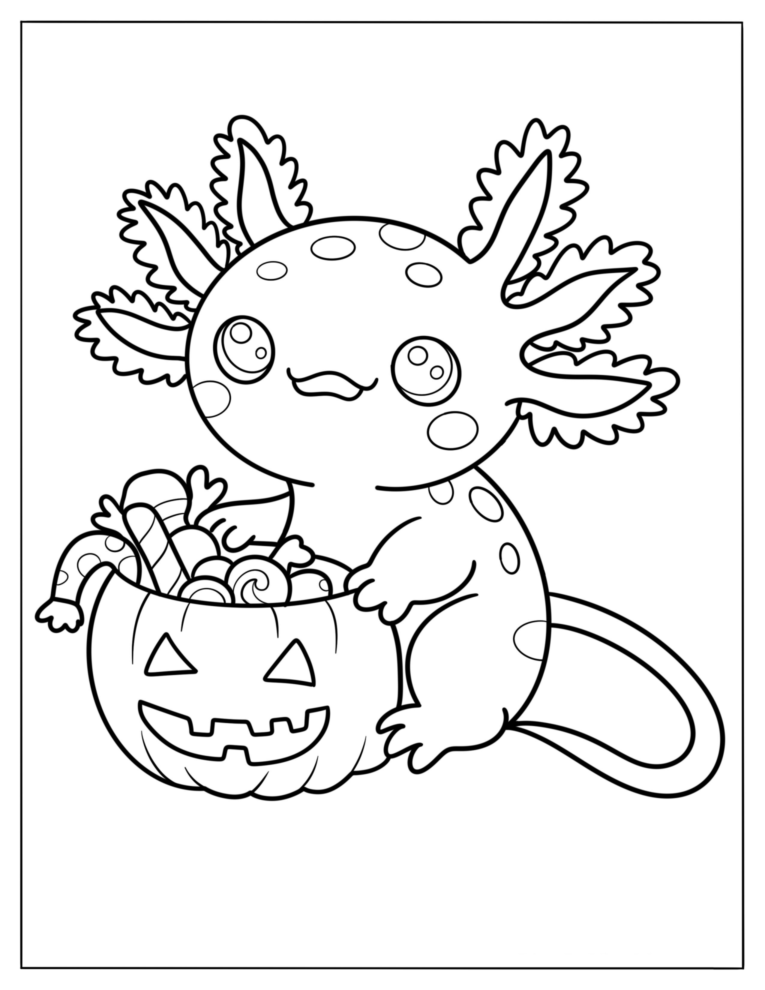 Kawaii Axolotl Hugging A Jack O Lantern Coloring Page