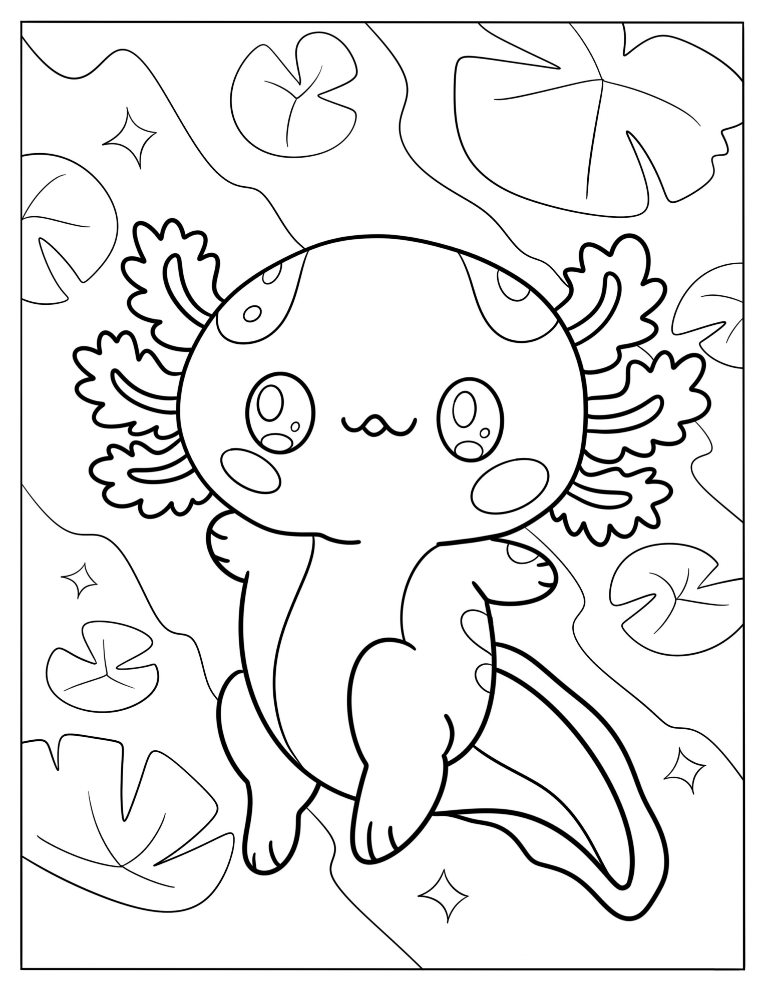 Chibi Axolotl Swimming Coloring Page For Kids