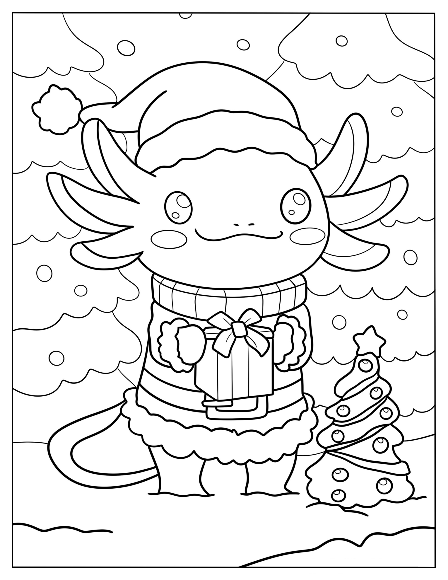 Axolotl In Santa Costume Holding A Present Coloring Page