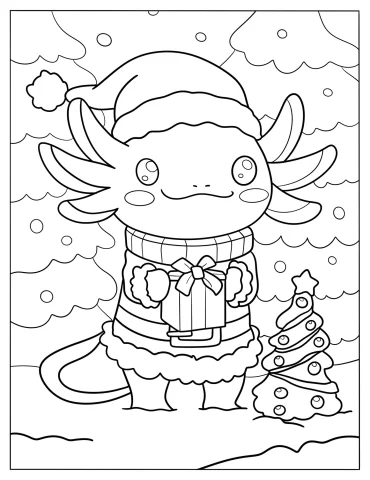 Axolotl In Santa Costume Holding A Present Coloring Page