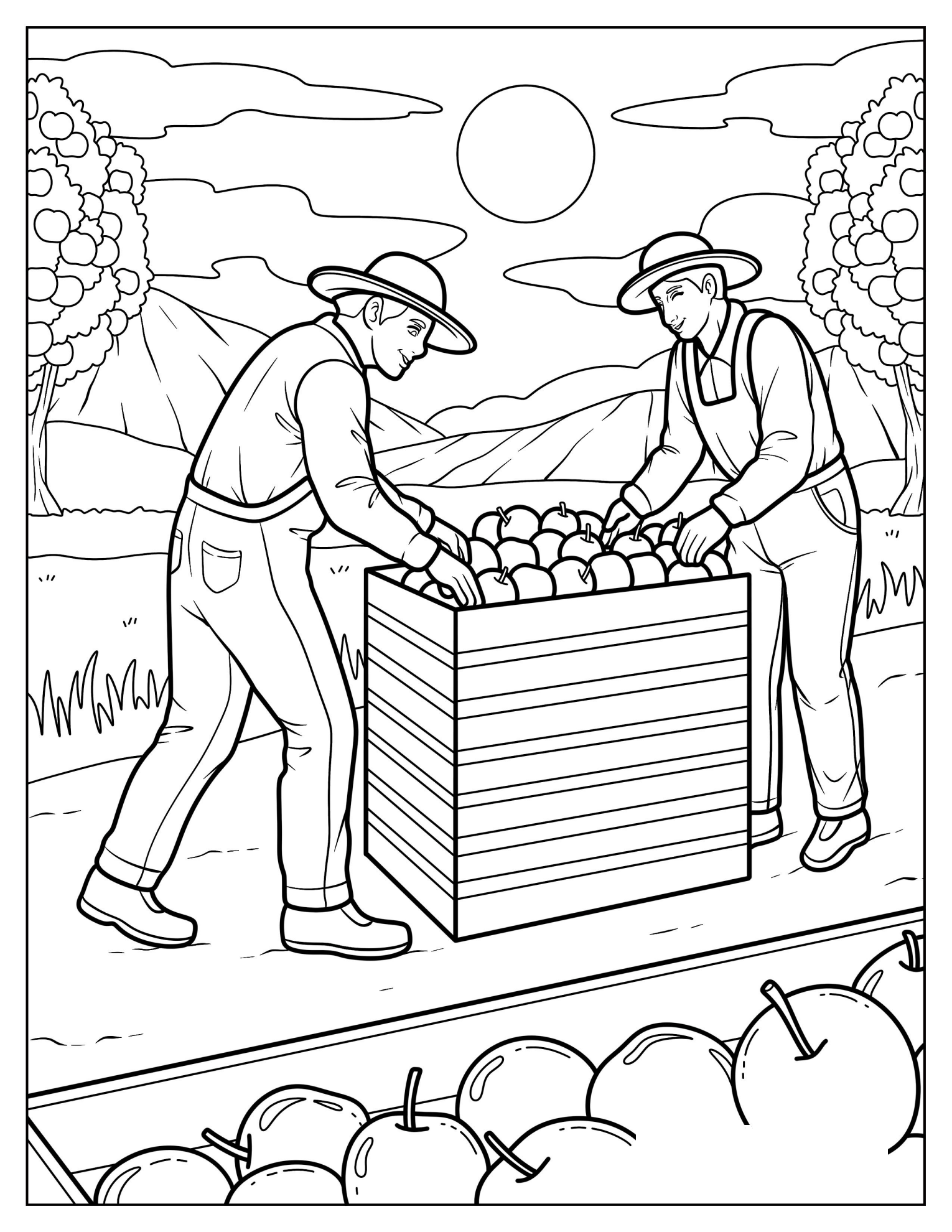 Farmers Harvesting Apples into a Wooden Crate