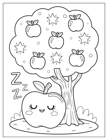 Sleepy Apple Under a Starry Apple Tree Coloring Page for Kids