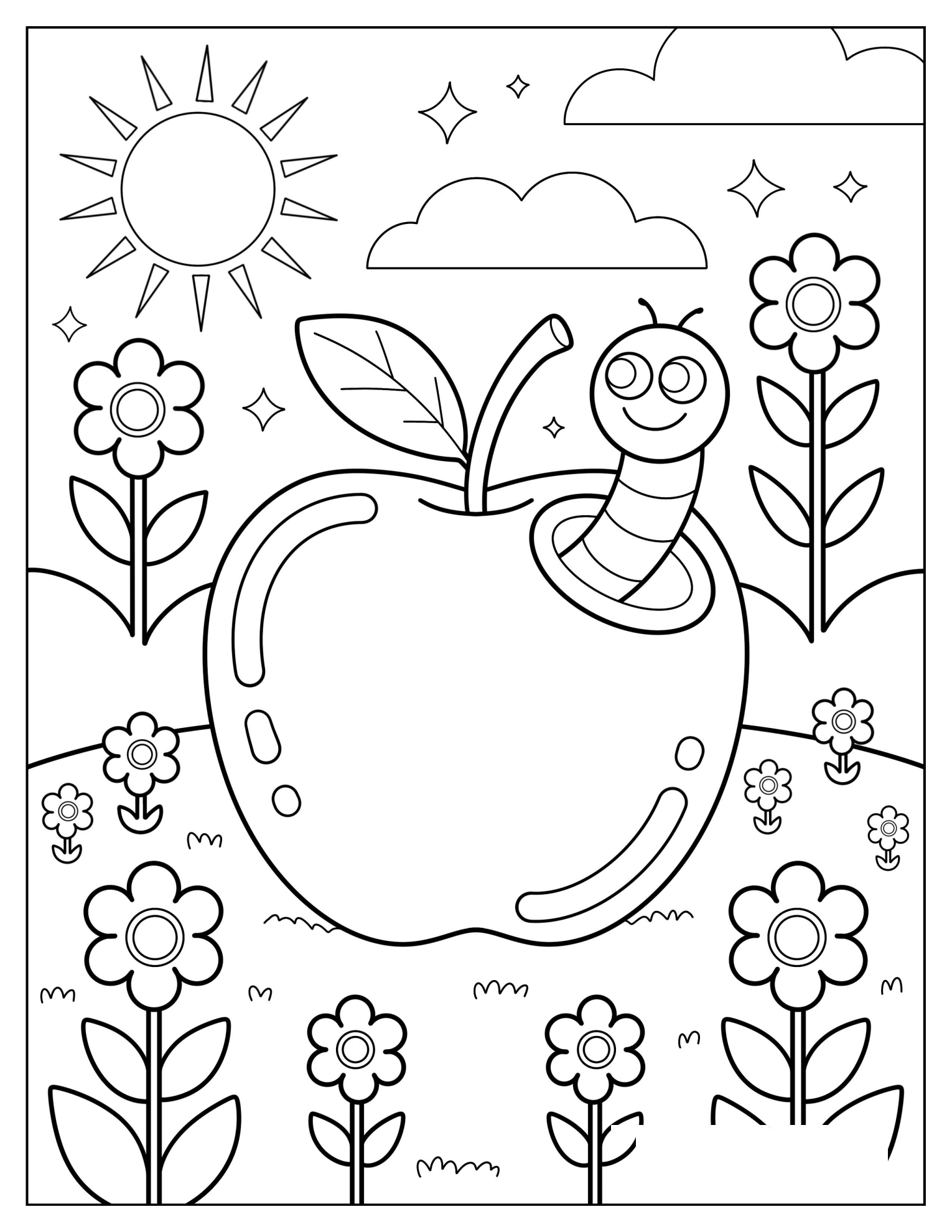 Smiling Worm in an Apple with Flowers and Sunshine Coloring Page for Kids