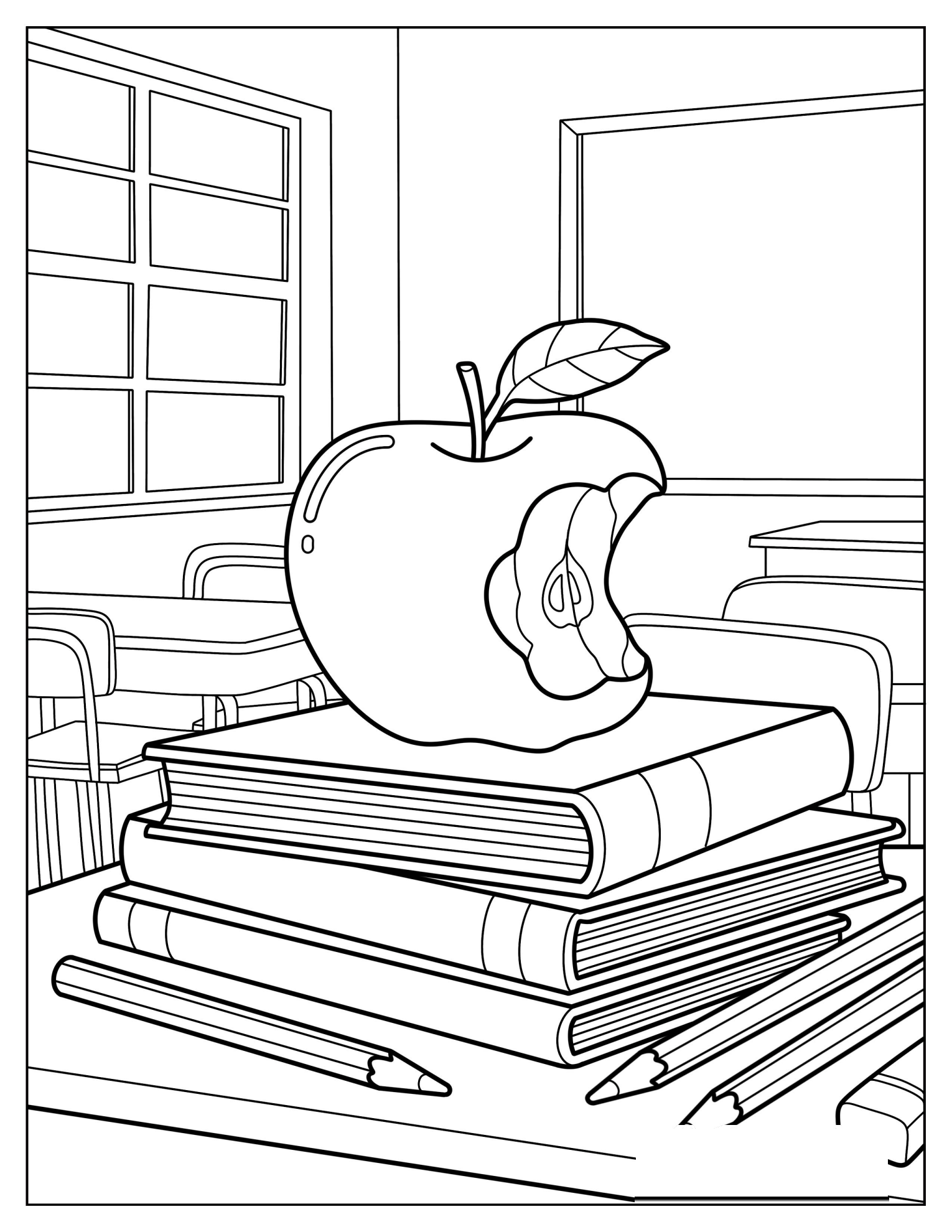Teacher’s Desk with Stack of Books and Apple Coloring Sheet