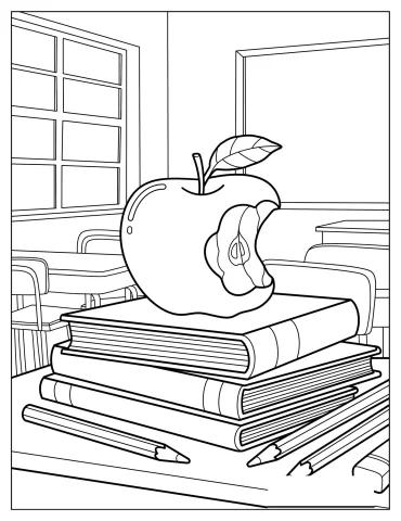Teacher’s Desk with Stack of Books and Apple Coloring Sheet