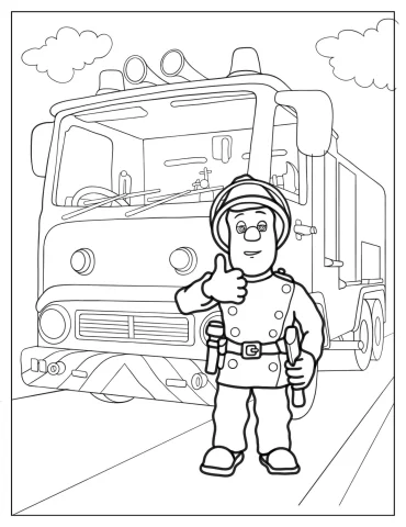 Firefighter In Front Of Fire Truck Coloring Sheet