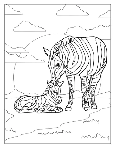Baby Zebra Being Comforted By Mother To Color