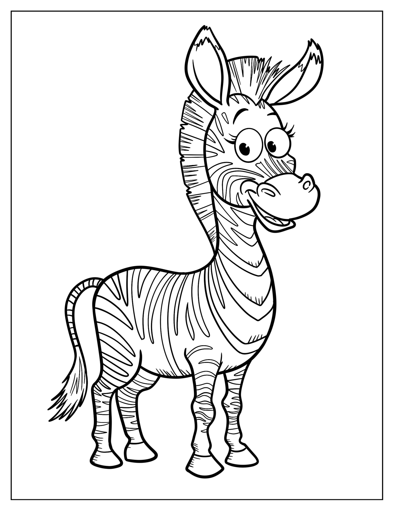 Funny Cartoon Zebra with Perked Ears Coloring Page for Kids
