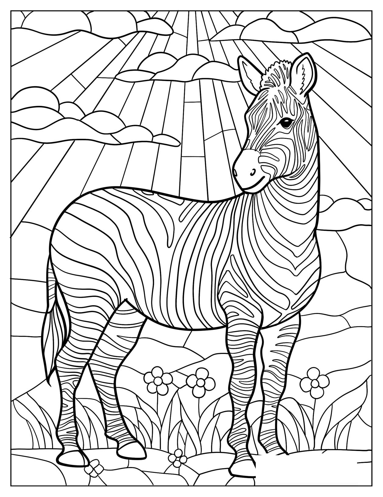 Beautiful Zebra Standing on a Flower Field Stained Glass