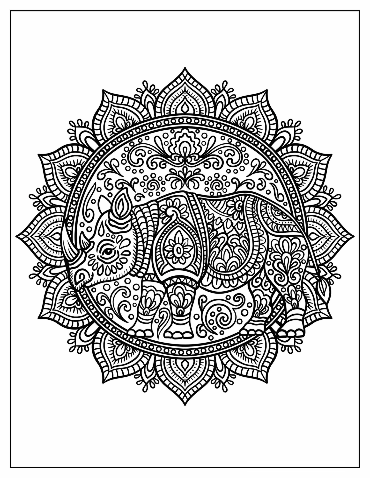 Floral Rhino Mandala Coloring Page
