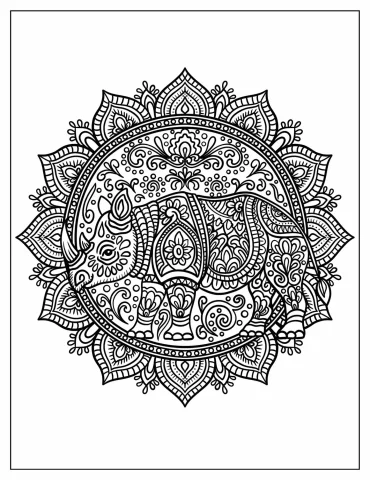 Floral Rhino Mandala Coloring Page